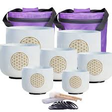 SET 7 Crystal Bowls FLOWER OF LIFE [6"-7"-8"-9"-10"-11"-12"] + 2 Fundas Incluidas
